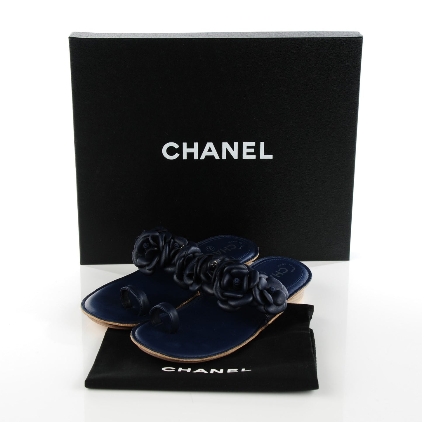 Lambskin Camellia Sandals 35 Dark Navy