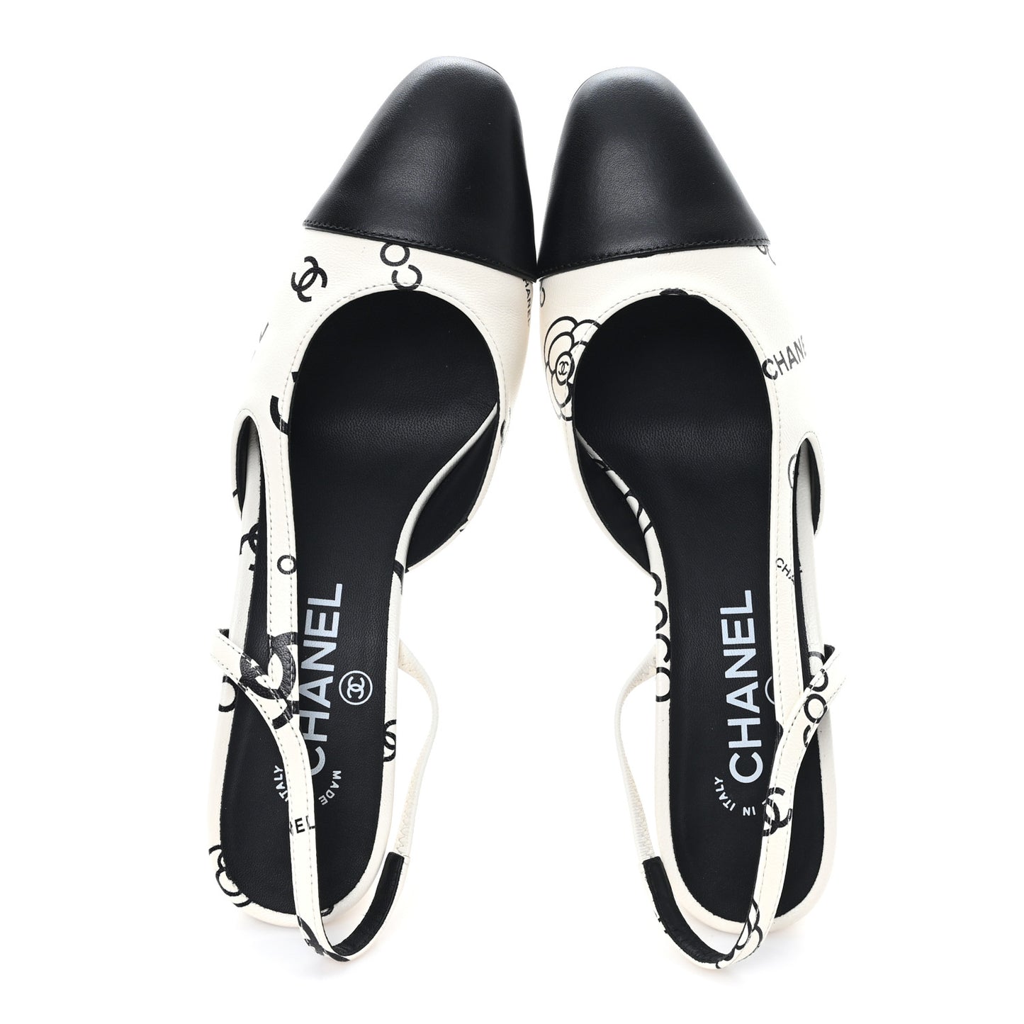 Printed Lambskin Cap Toe CC Slingback Pumps 38 Black White