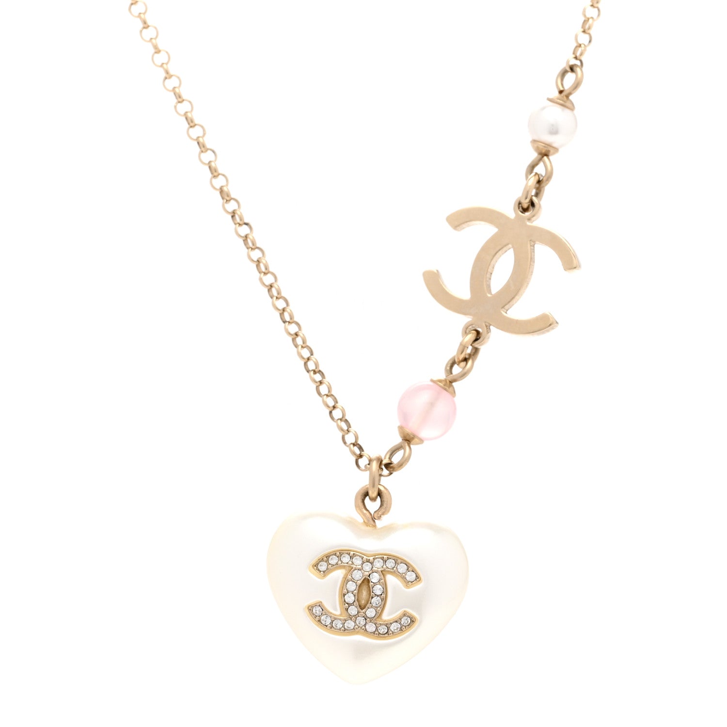 Chanel Pearl Crystal CC Heart Necklace Gold Pearly White 4 of 6