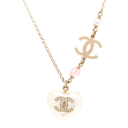 Chanel Pearl Crystal CC Heart Necklace Gold Pearly White 4 of 6