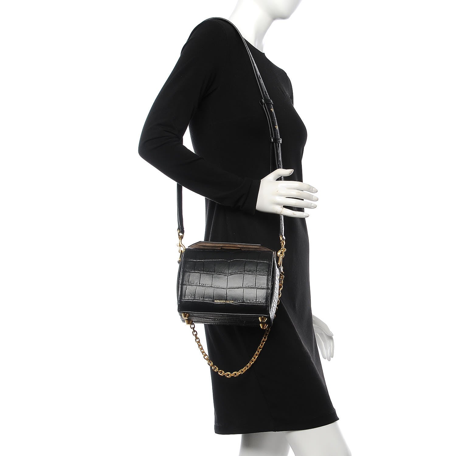 Alexander McQueen Calfskin Crocodile Embossed Box Shoulder Bag 19 Black 2 of 8