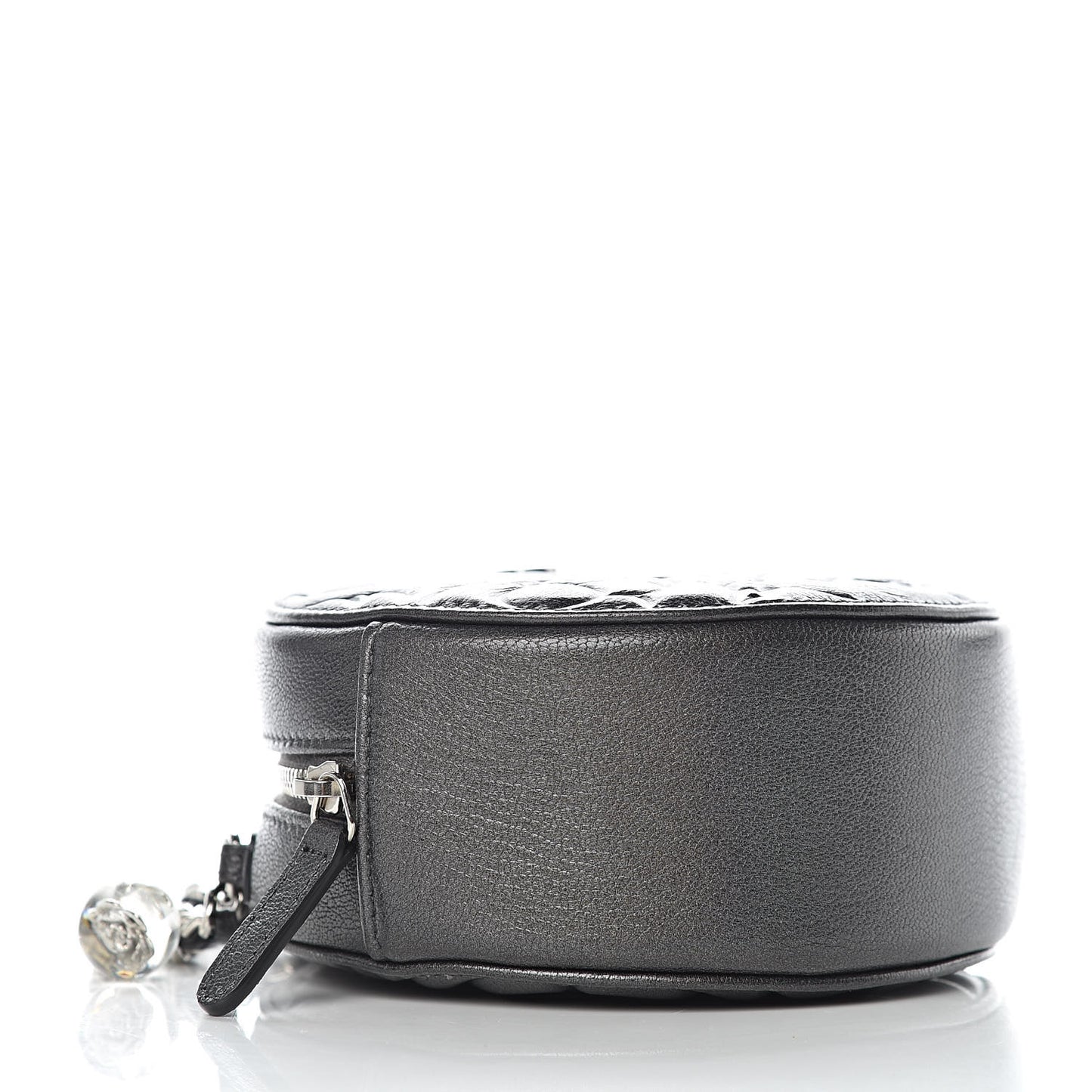 Goatskin Camellia Quilted Round Clutch With Chain Grey