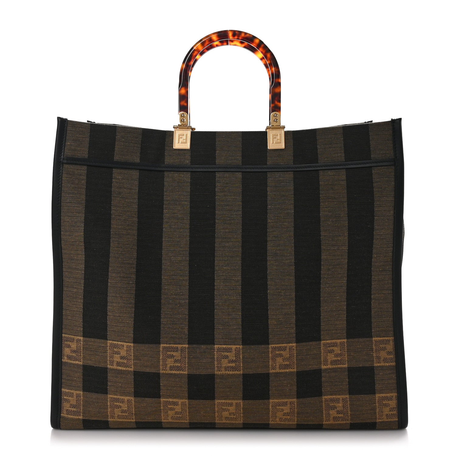 Fendi Fabric Jacquard Vitello Seta Plexiglass Pequin Gingham Large Sunshine Shopper Tote Tobacco Moro Black 1 of 11