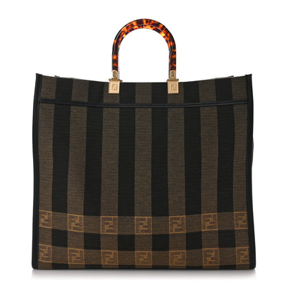 Fendi Fabric Jacquard Vitello Seta Plexiglass Pequin Gingham Large Sunshine Shopper Tote Tobacco Moro Black 1 of 11