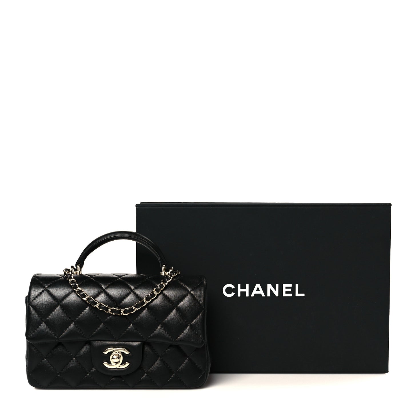Lambskin Quilted Mini Top Handle Rectangular Flap Black