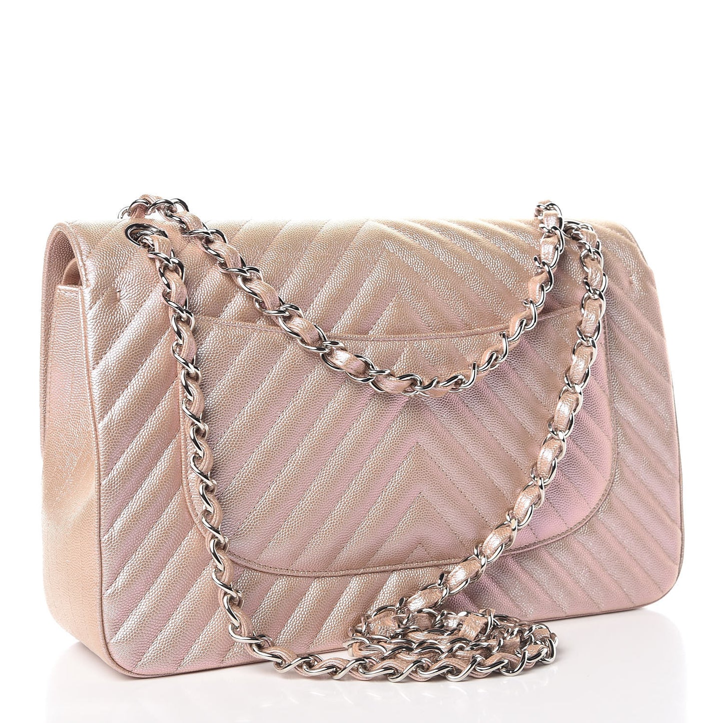 Metallic Caviar Chevron Quilted Jumbo Double Flap Light Gold