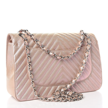 Chanel Metallic Caviar Chevron Quilted Jumbo Double Flap Light Gold 3 of 13