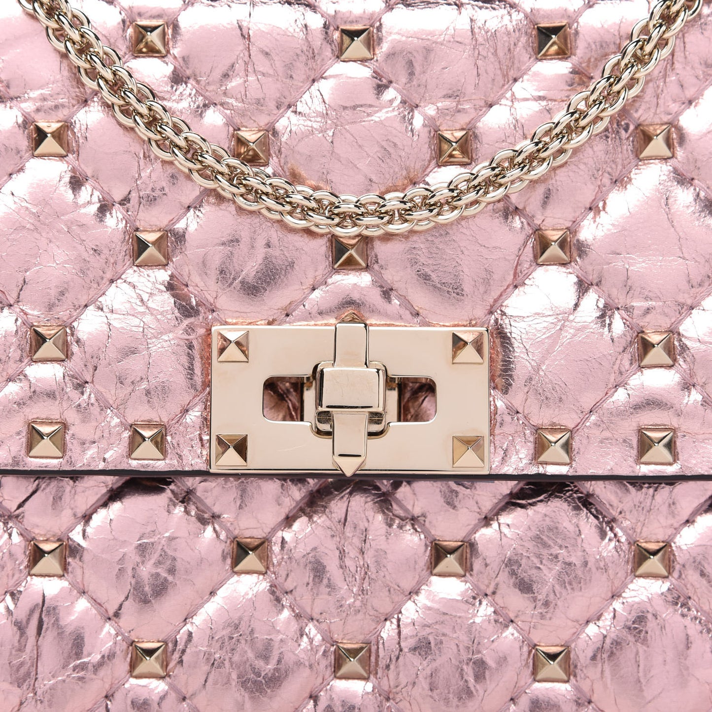 Metallic Wrinkled Lambskin Rockstud Spike Wallet on Chain Lipstick