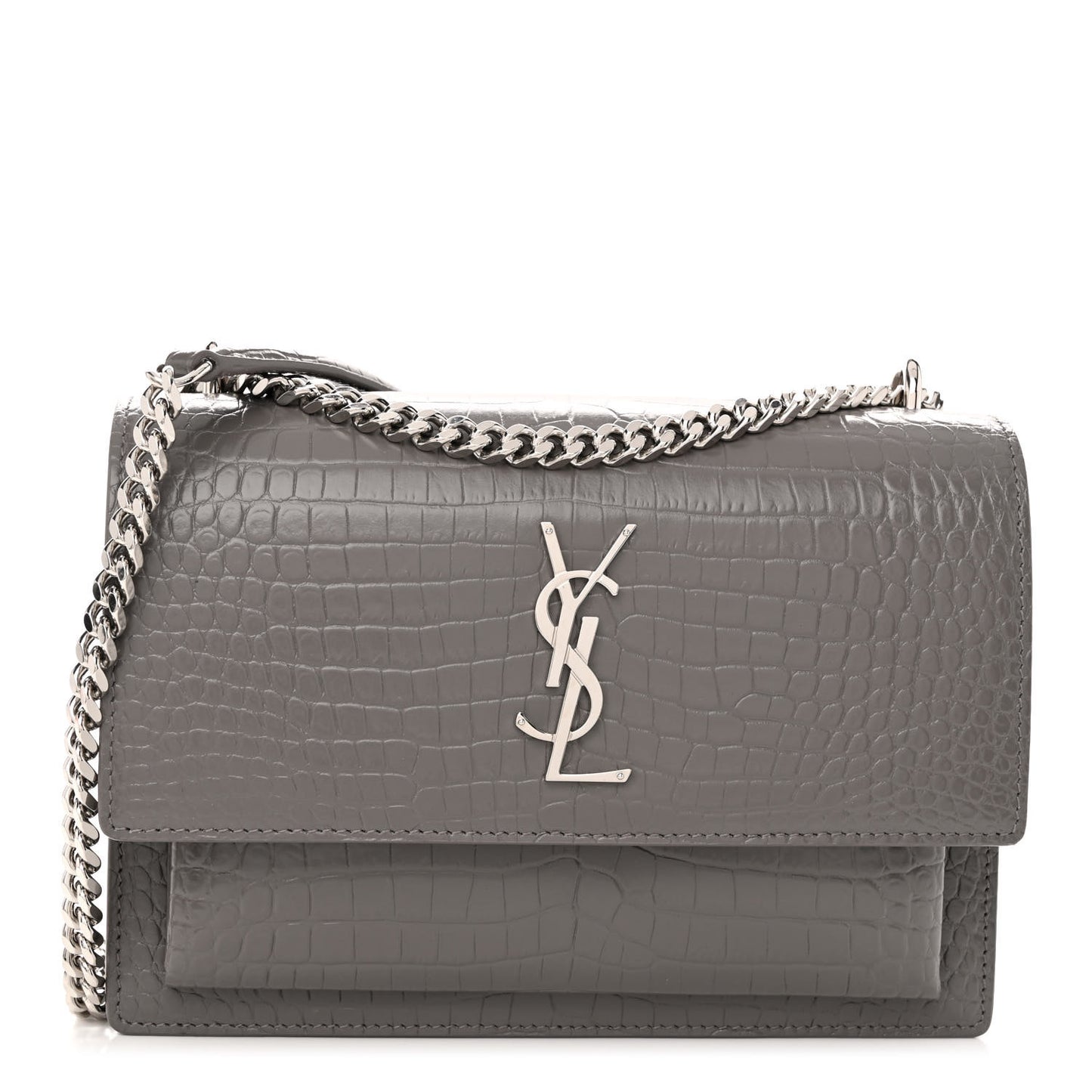 Calfskin Crocodile Embossed Medium Monogram Sunset Fog