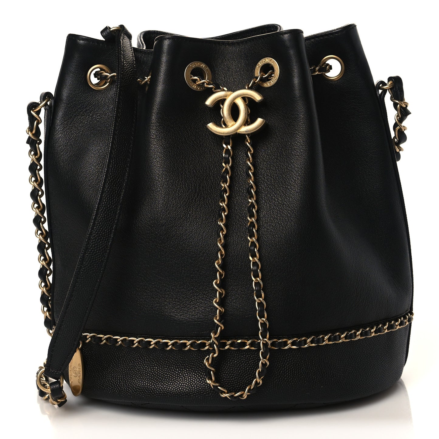 Lambskin Caviar Lovely Chains Drawstring Bag Black