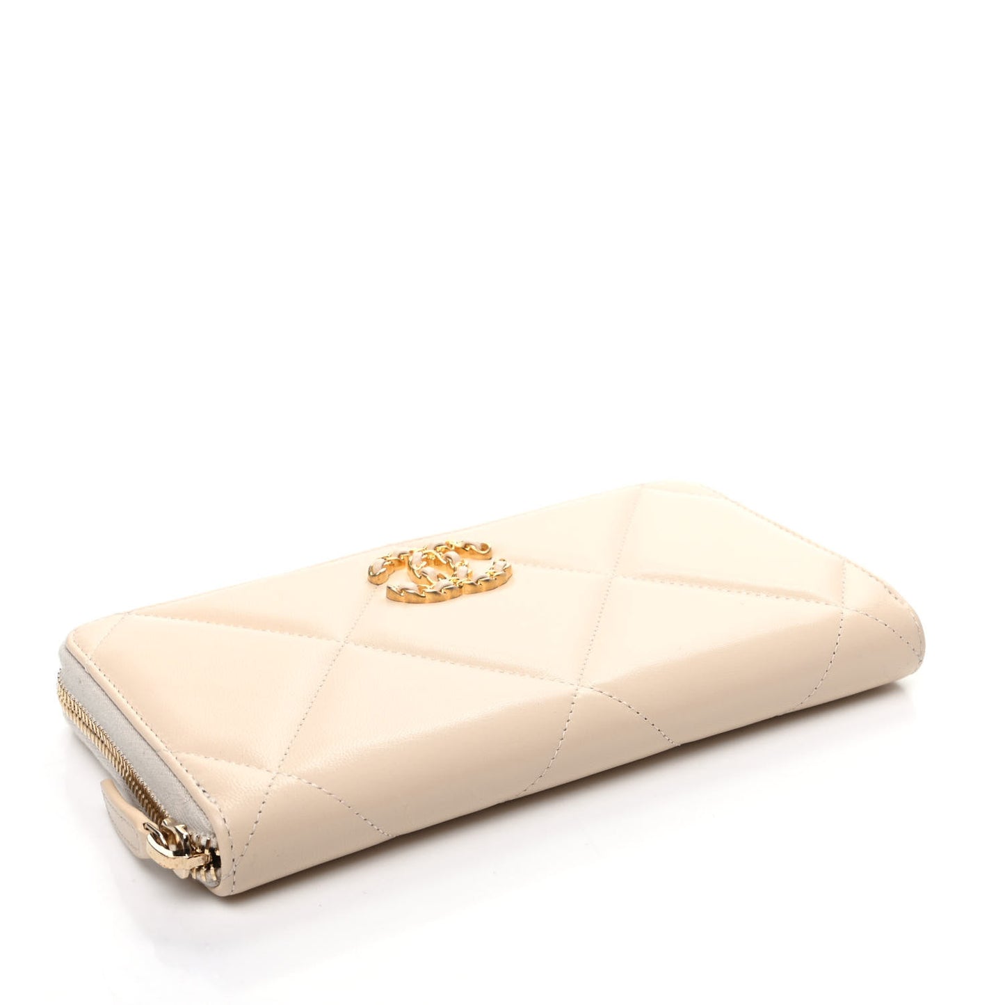 Shiny Goatskin Quilted 19 Long Zipped Around Wallet Beige