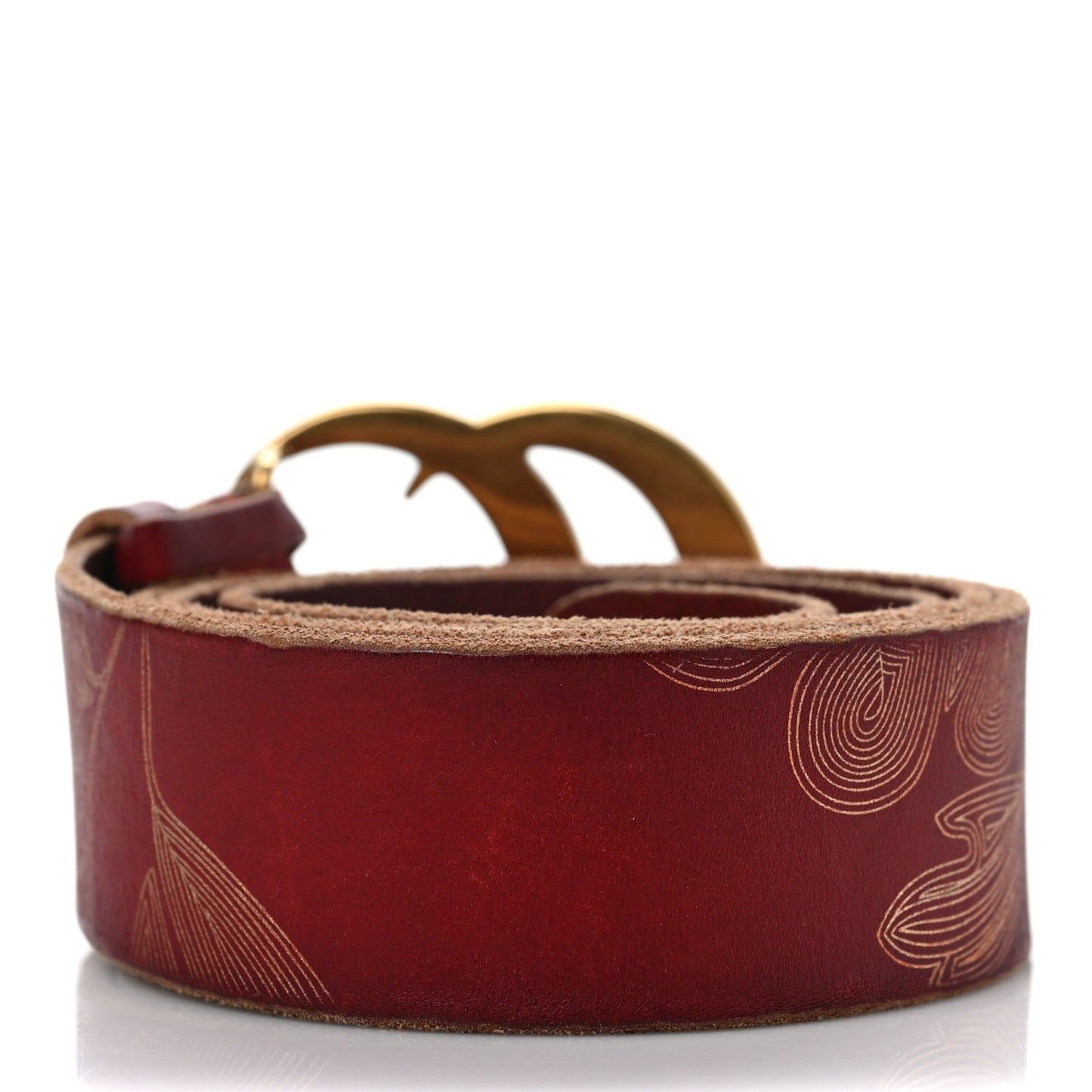 Faded Calfskin Leaf Print Double G 40mm Belt 95 38 Hibiscus Red Gold