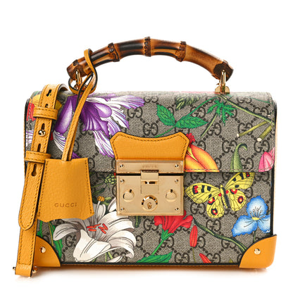 Gucci GG Supreme Monogram Flora Small Padlock Bamboo Shoulder Bag Beige Multicolor Crop 1 of 11
