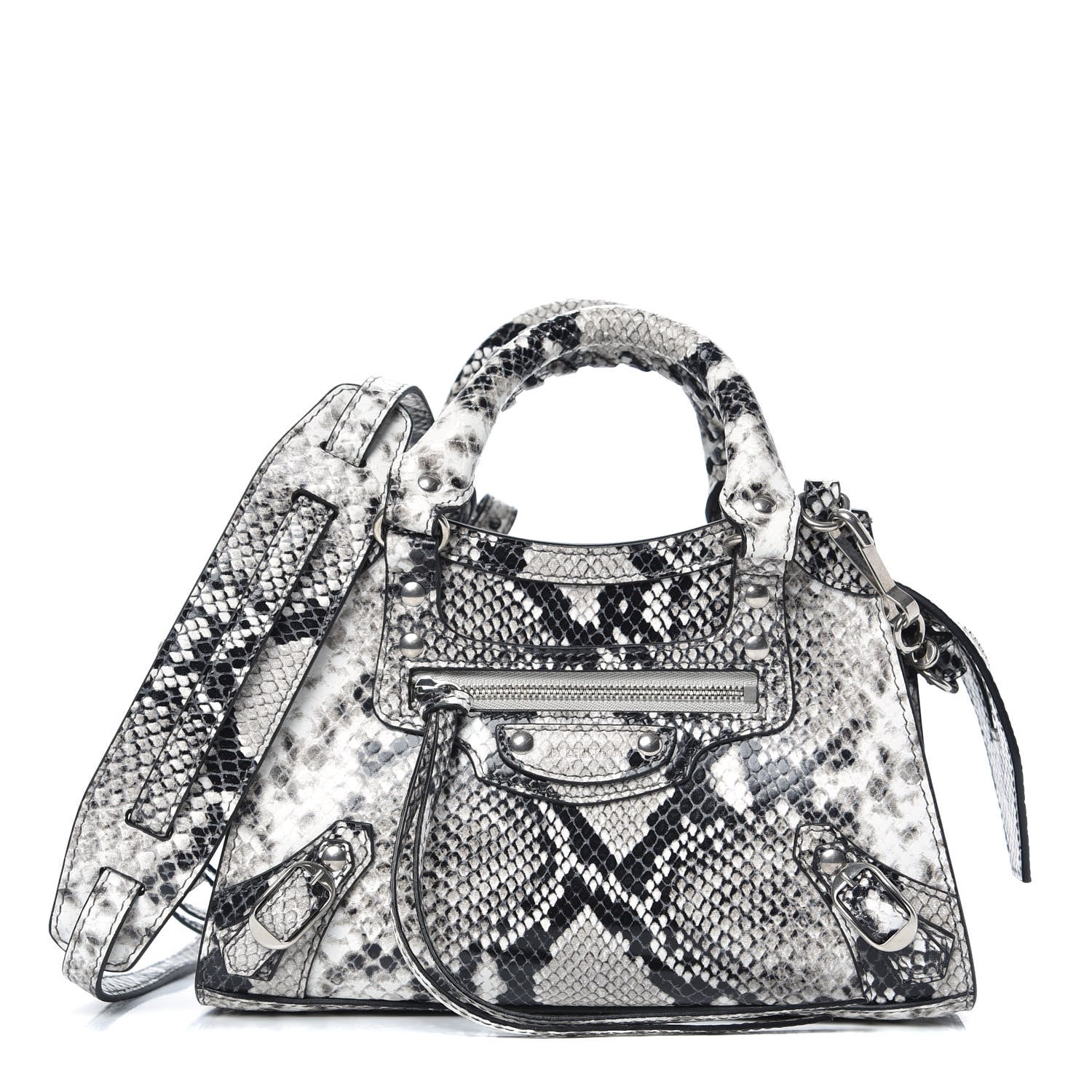 Balenciaga Grained Calfskin Snake Effect Neo Classic Silver Hardware Mini City Black White 1 of 7