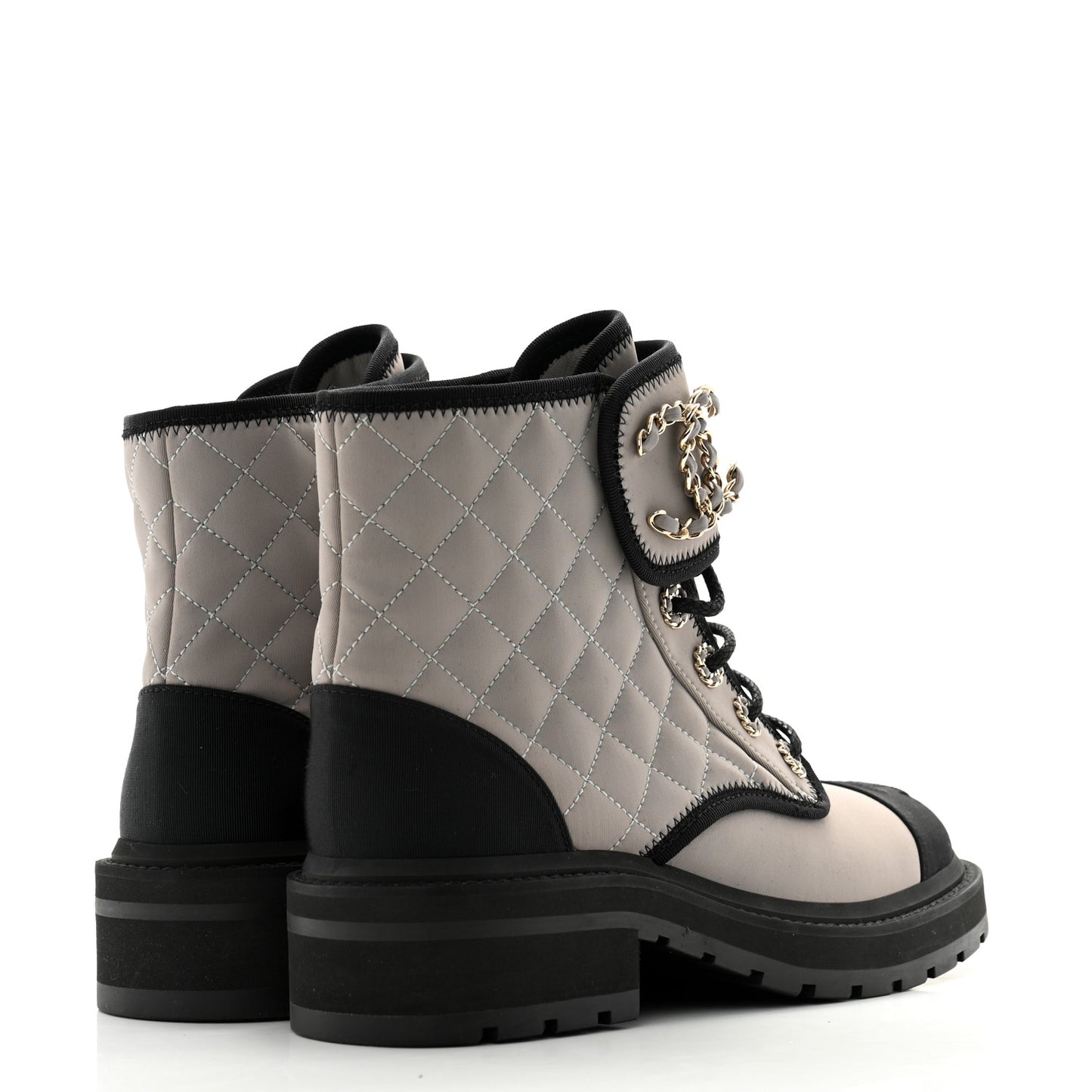 Fabric Grosgrain Quilted Cap Toe Lace Up Combat Boots 37 Gray Black