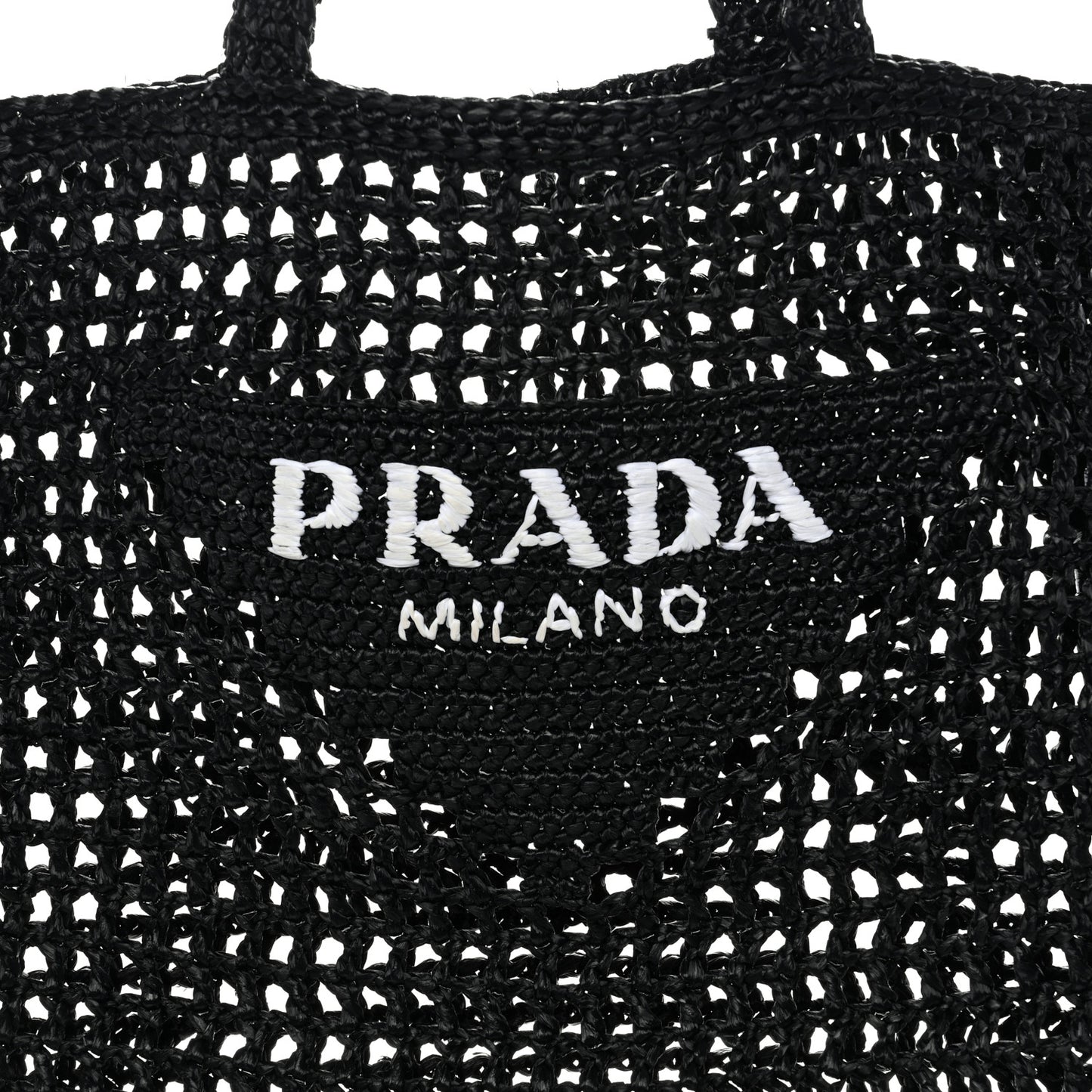 Yarn Raffia Effect Crochet Logo Embroidered Tote Bag Black