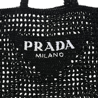Prada Yarn Raffia Effect Crochet Logo Embroidered Tote Bag Black 8 of 10
