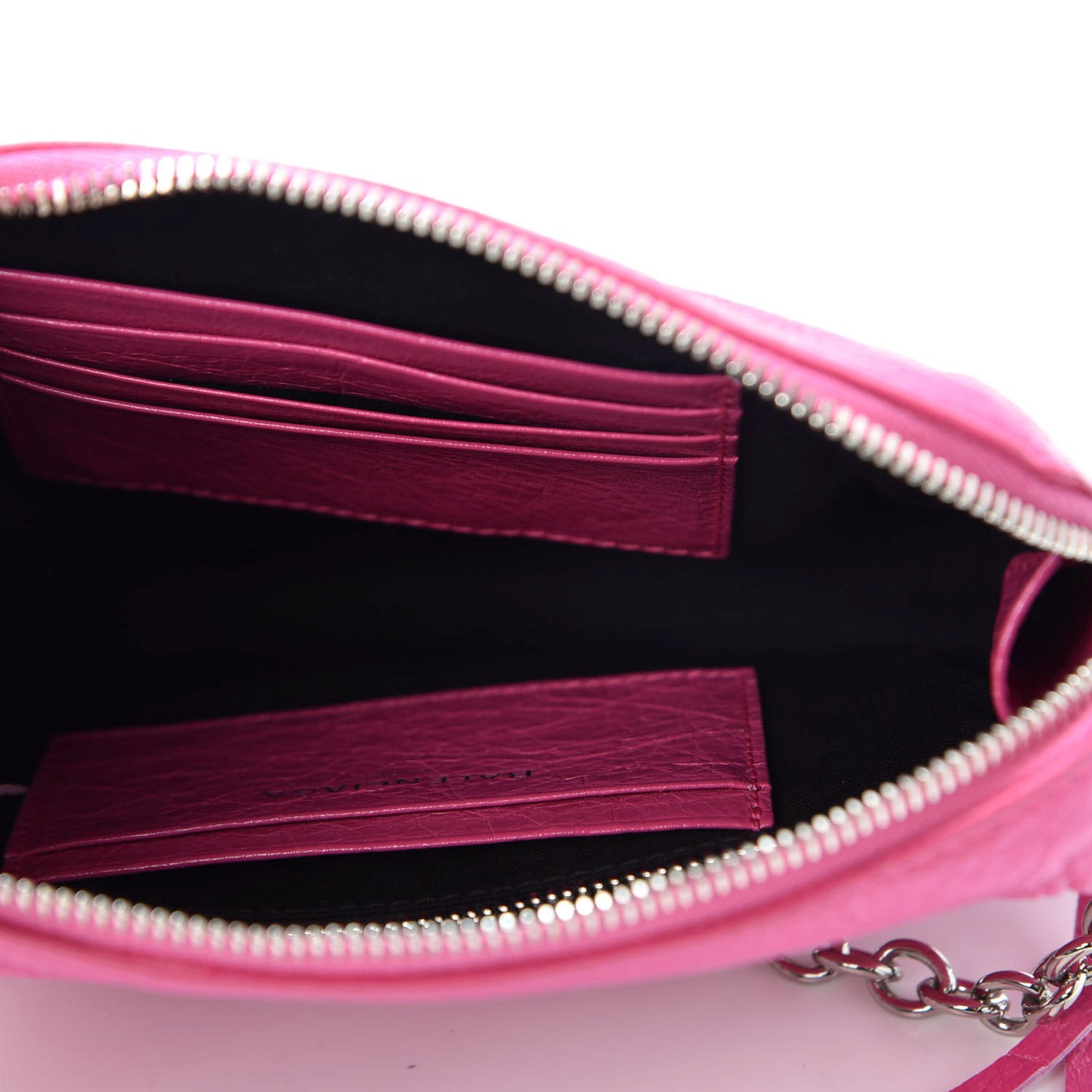 Agneau Arena Classic Silver Hardware Pouch With A Chain Crossbody Rose Flamingo