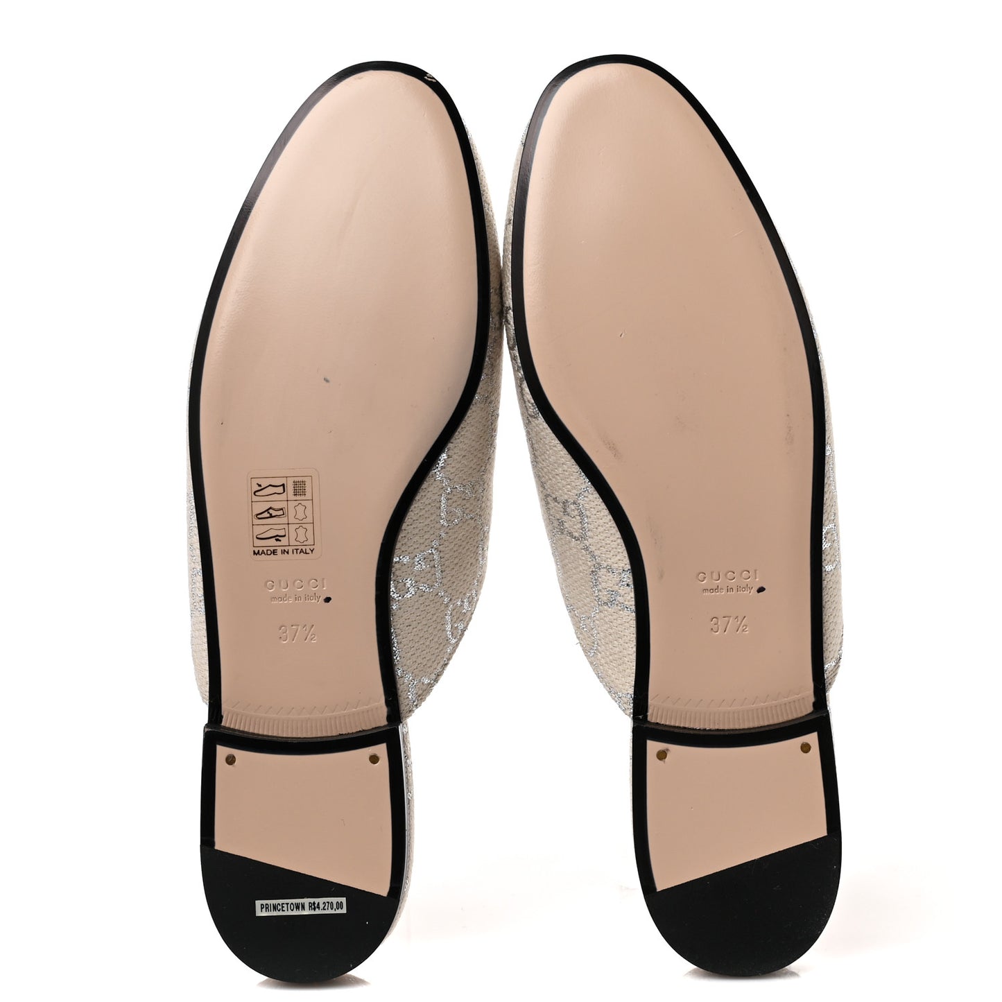 Canvas Lame GG Monogram Womens Princetown Slippers 37.5 Gardenia Silver