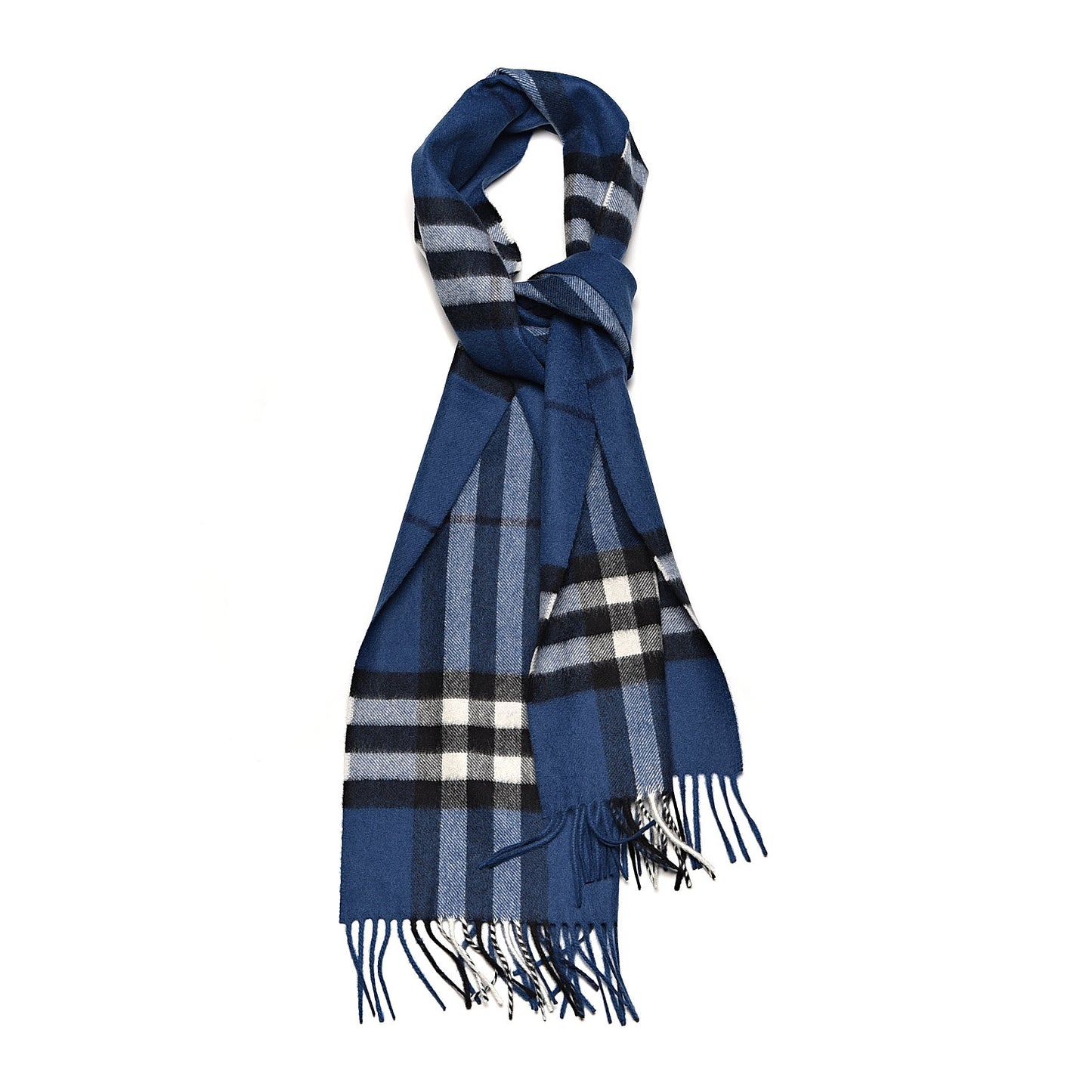 Cashmere Giant Check Fringe Scarf Blue