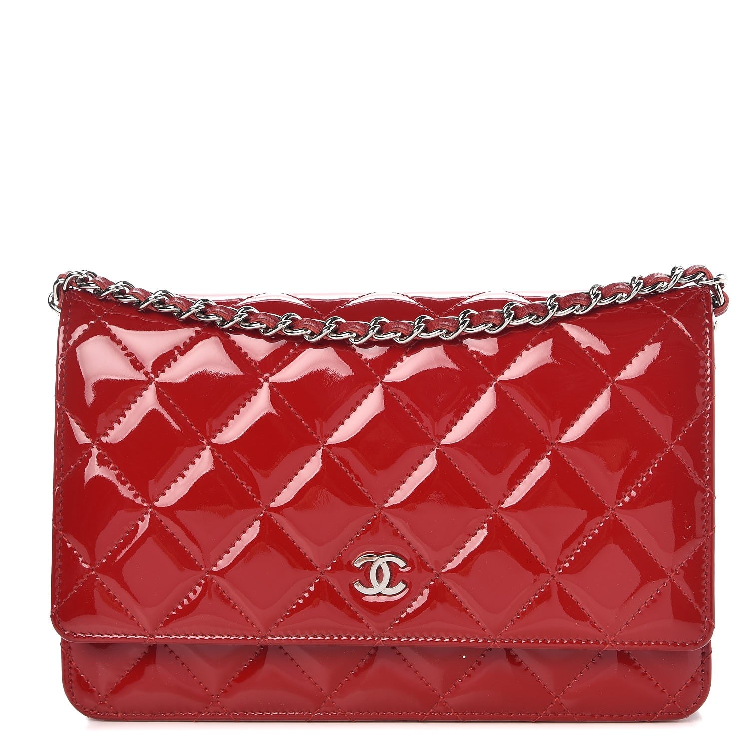 Chanel Patent Quilted Wallet On Chain WOC Red 1 of 9