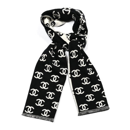 Chanel Wool Cashmere CC Scarf Black White 1 of 3