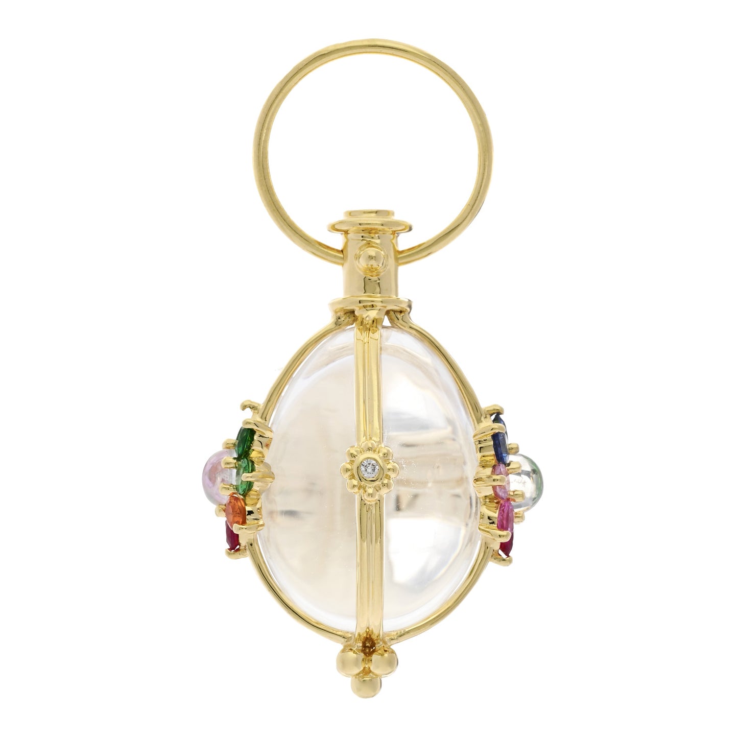 18K Yellow Gold Diamond Rock Crystal Multi Gemstone Floral Amulet Pendant