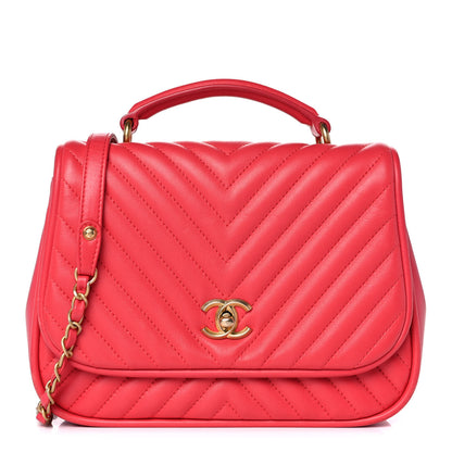 Chanel Lambskin Reverse Chevron Quilted Round Top Handle Flap Red 1 of 15