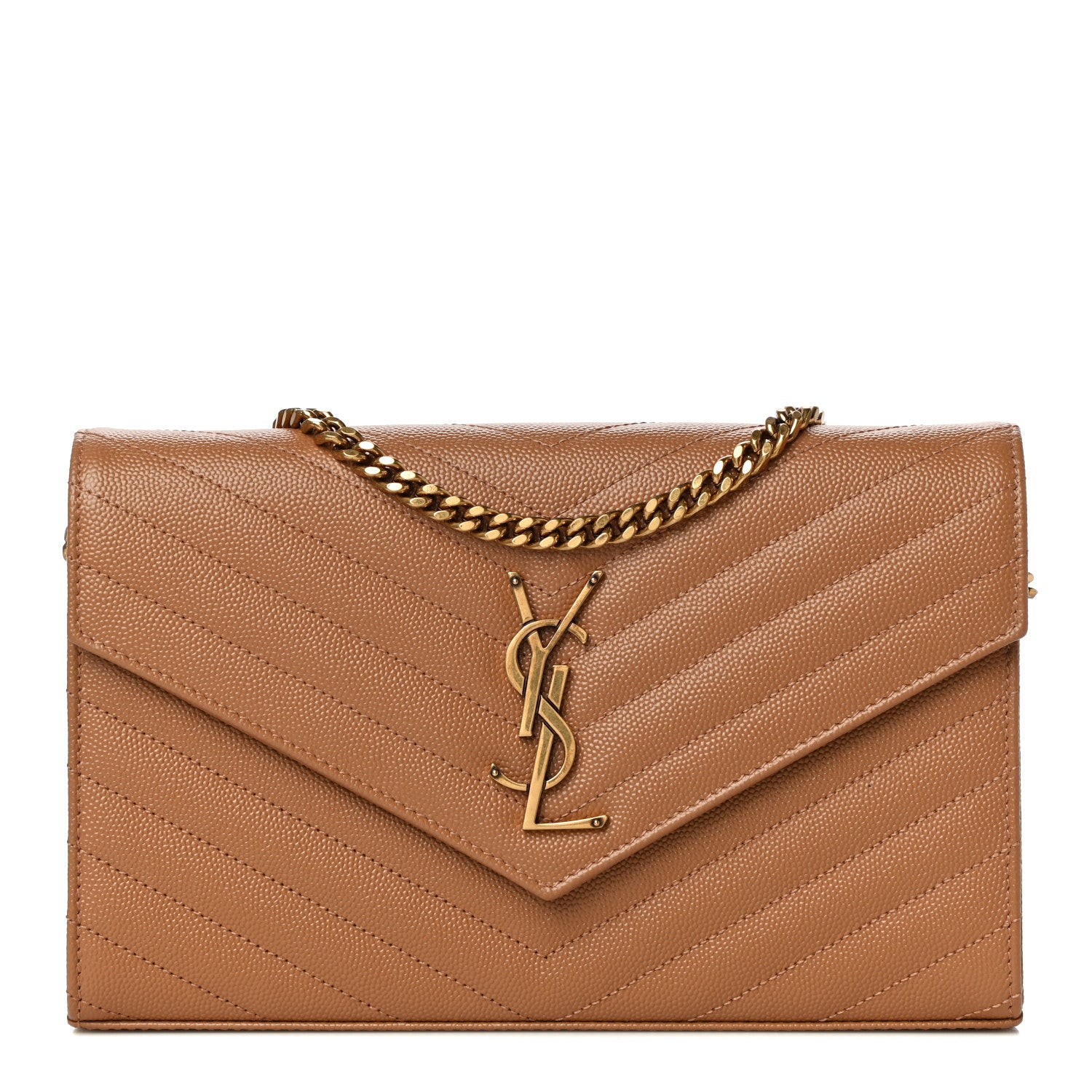 Saint Laurent Grain De Poudre Matelasse Chevron Monogram Chain Wallet Dune 1 of 9
