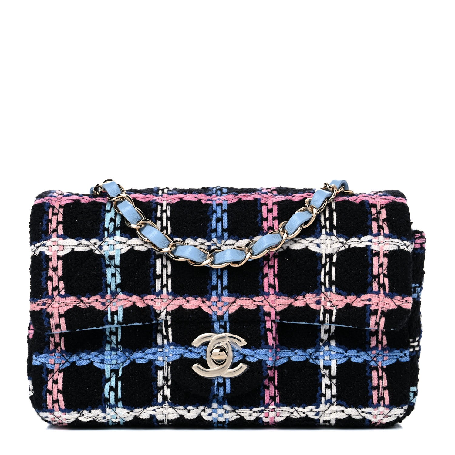 Chanel Tweed Quilted Mini Rectangular Flap Black Pink Blue Ecru 1 of 10
