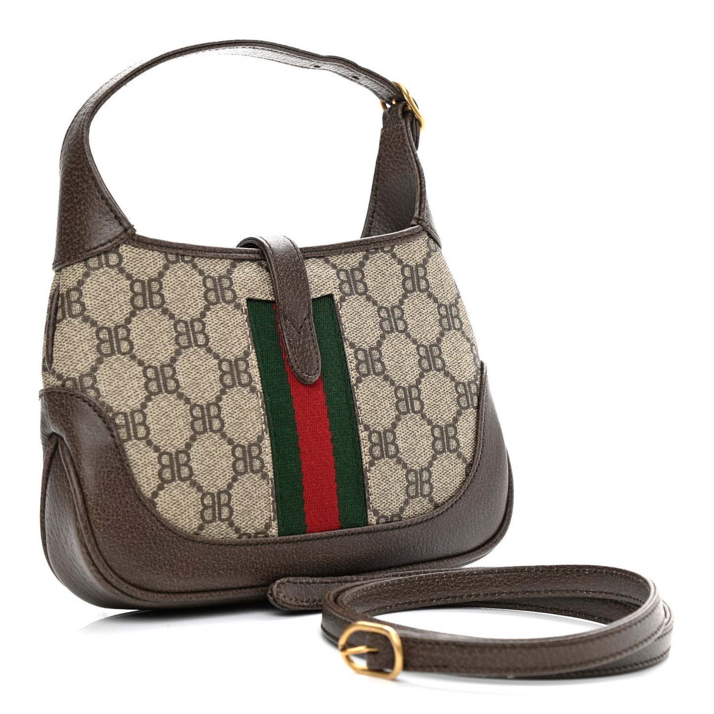 X BALENCIAGA BB Supreme Monogram Calfskin Web Mini Jackie 1961 Hobo Beige Ebony