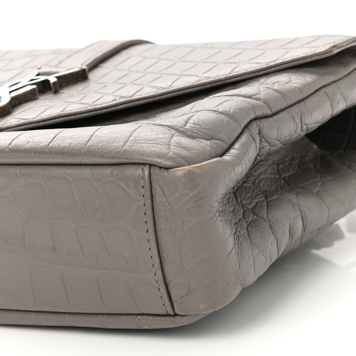 Calfskin Crocodile Embossed Medium College Monogram Satchel Gray