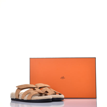 Hermes Suede Goatskin Woolskin Womens Chypre Sandals 38 Golden Beige 8 of 9