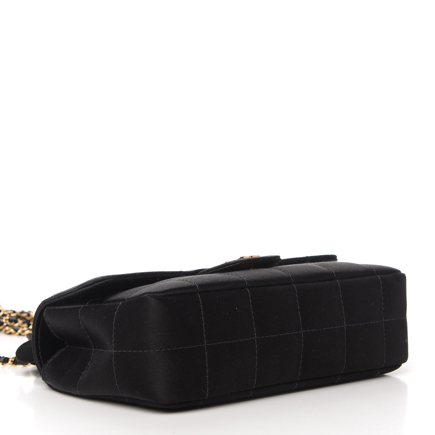 Satin Chocolate Bar Quilted Camellia Rectangular Mini Flap Black