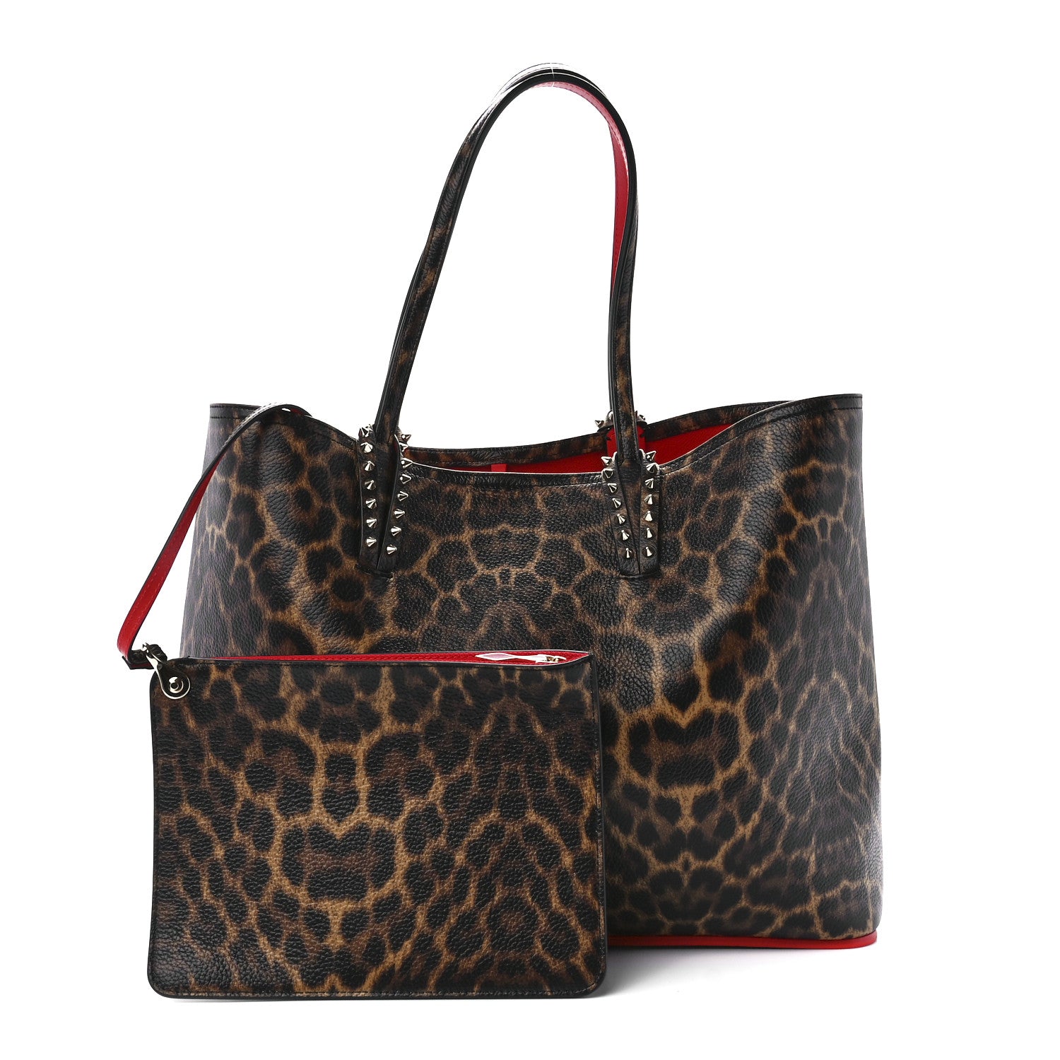 Christian Louboutin Calfskin Leopard Print Spikes East West Cabata Tote Brown 1 of 11