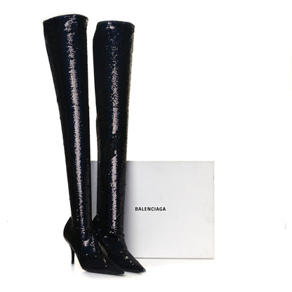 Balenciaga Metallic Sequin Spandex 110mm Knife Thigh High Boots 38 Black 7 of 7