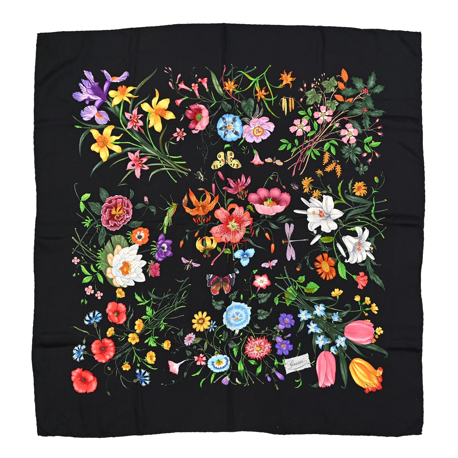 Gucci Silk Twill Flora Beauty Square Scarf Black 1 of 6