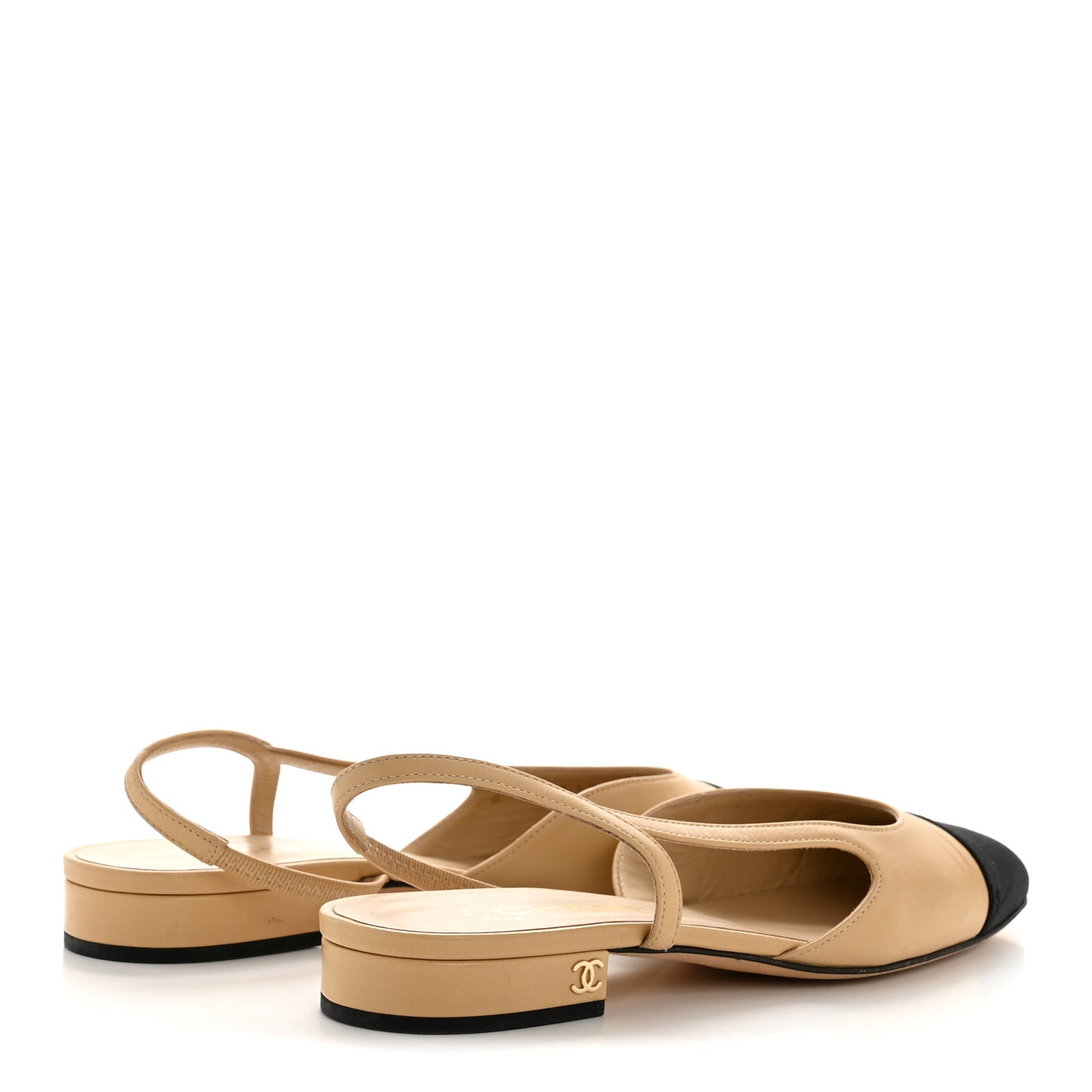 Goatskin Grosgrain Cap Toe CC Slingback Sandals 36.5 Beige Black