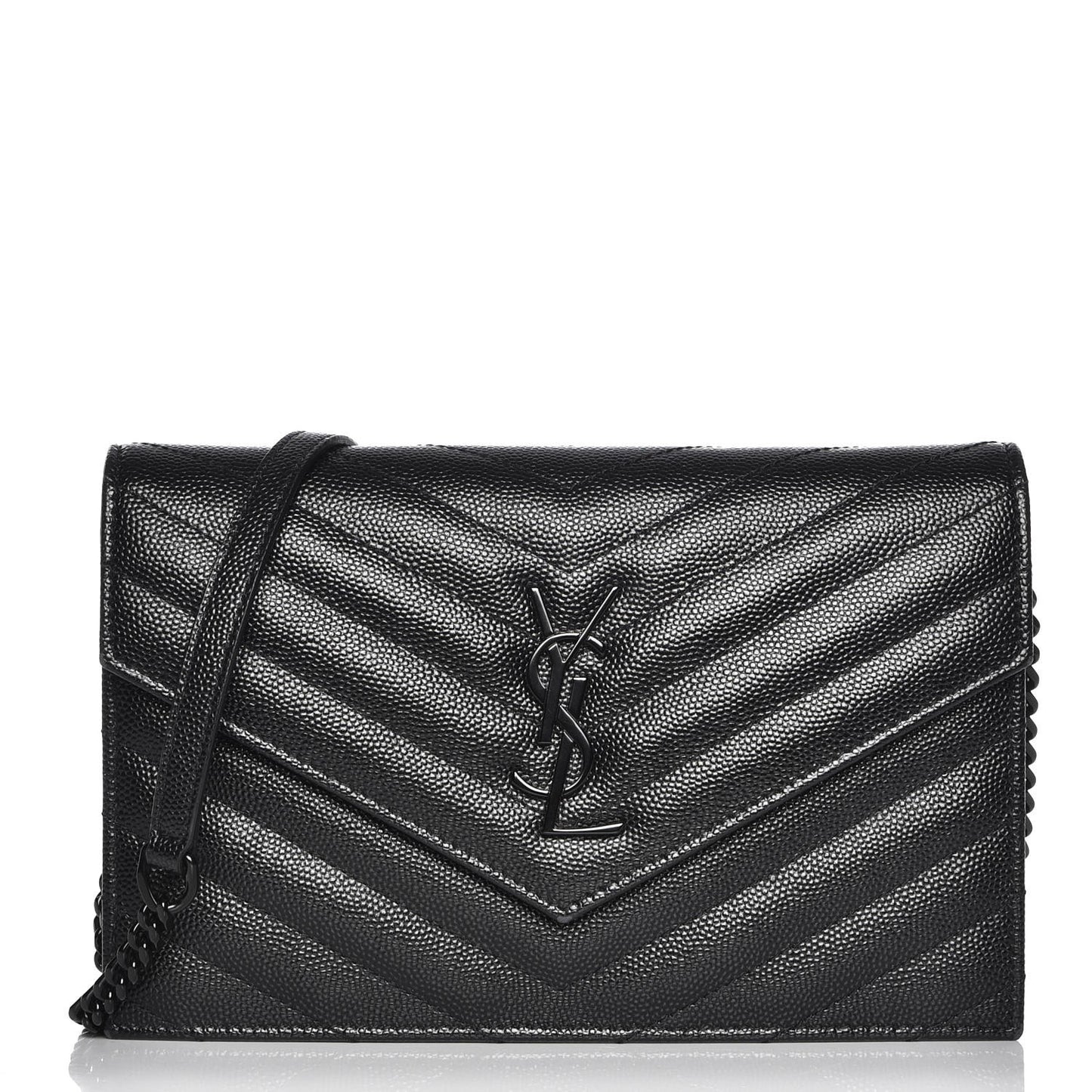 Grain De Poudre Matelasse Chevron Monogram Envelope Chain Wallet Black