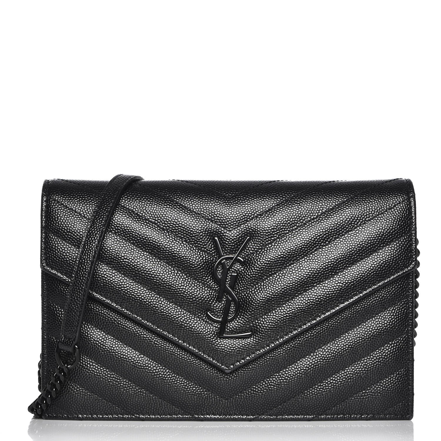 Saint Laurent Grain De Poudre Matelasse Chevron Monogram Envelope Chain Wallet Black 1 of 8