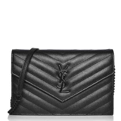 Saint Laurent Grain De Poudre Matelasse Chevron Monogram Envelope Chain Wallet Black 1 of 8