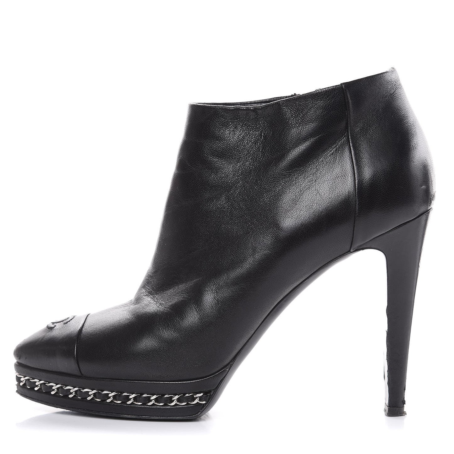 Lambskin CC Platform Cap Toe Chain Ankle Boots 38.5 Black