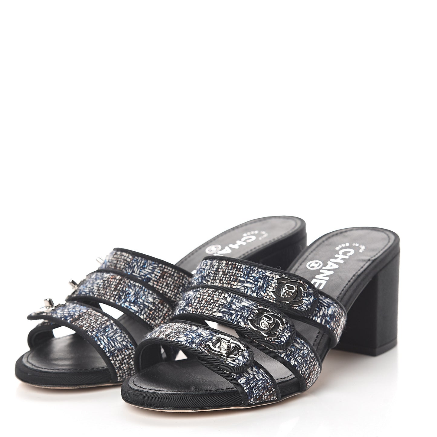 Tweed Grosgrain Sandals 37 Black Blue