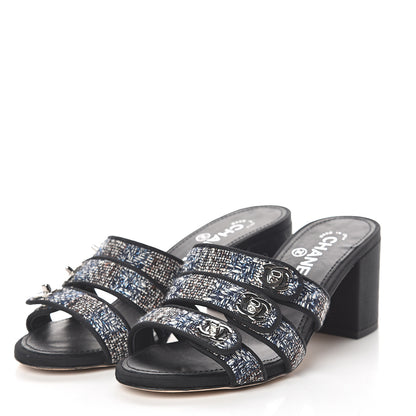 Chanel Tweed Grosgrain Sandals 37 Black Blue 3 of 7