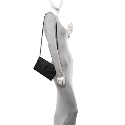 Saint Laurent Grain De Poudre Matelasse Chevron Monogram Monochrome Chain Wallet Black 2 of 10