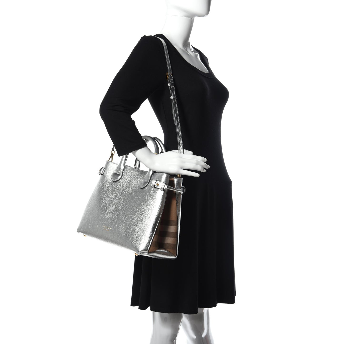 Metallic Grainy Calfskin House Check Medium Banner Tote Silver