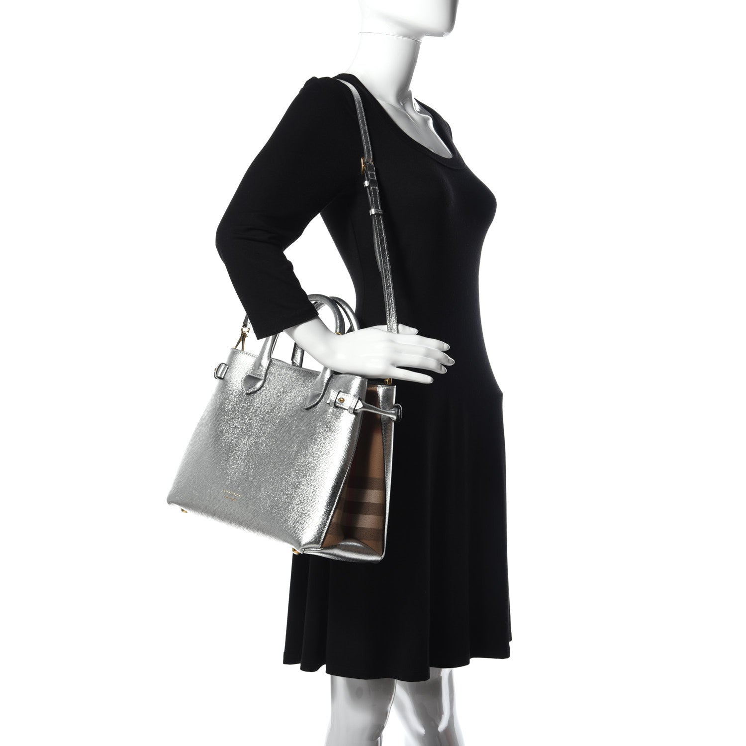 Burberry Metallic Grainy Calfskin House Check Medium Banner Tote Silver 2 of 11
