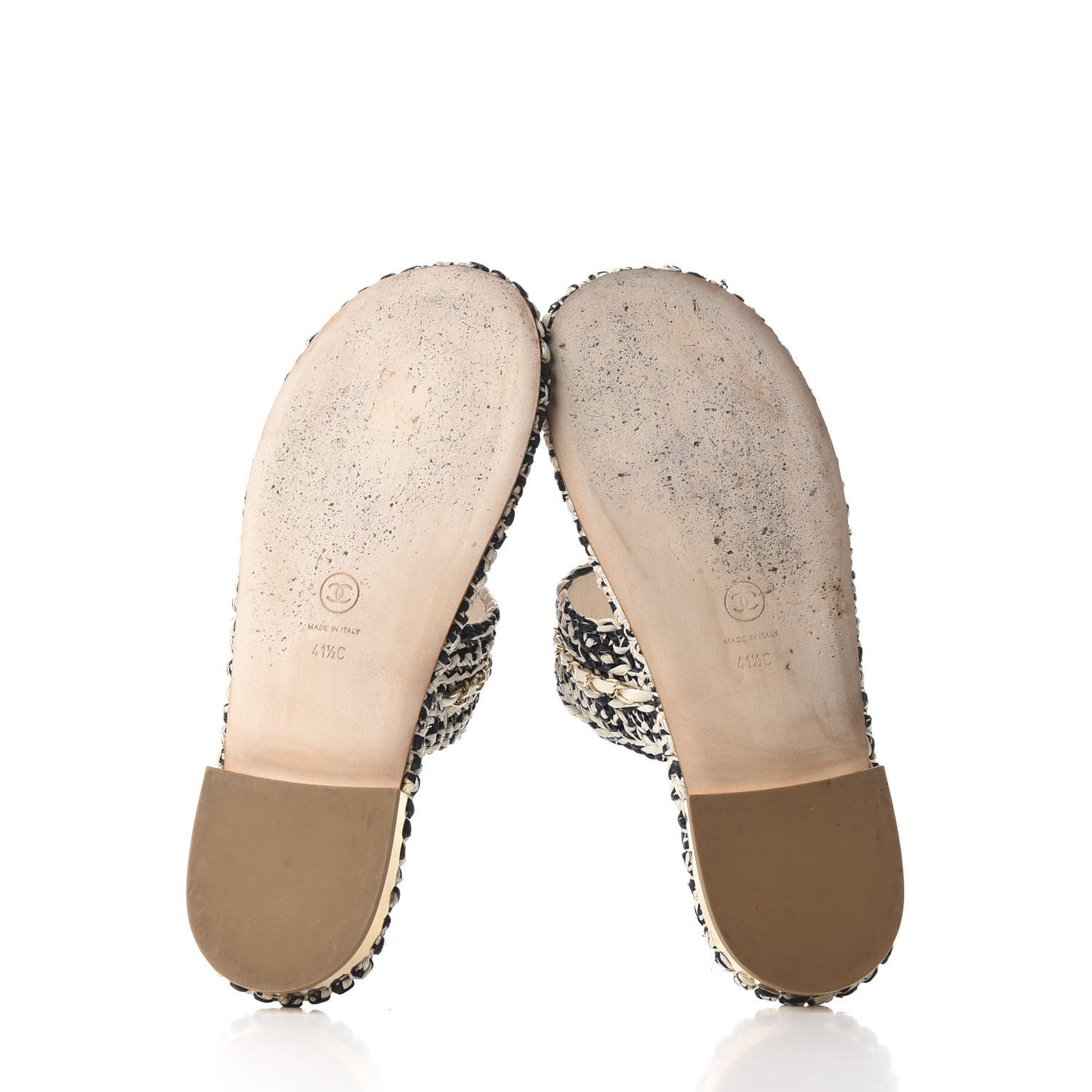 Raffia Lambskin Woven Chain CC Toe Ring Sandals 41.5 Black Beige
