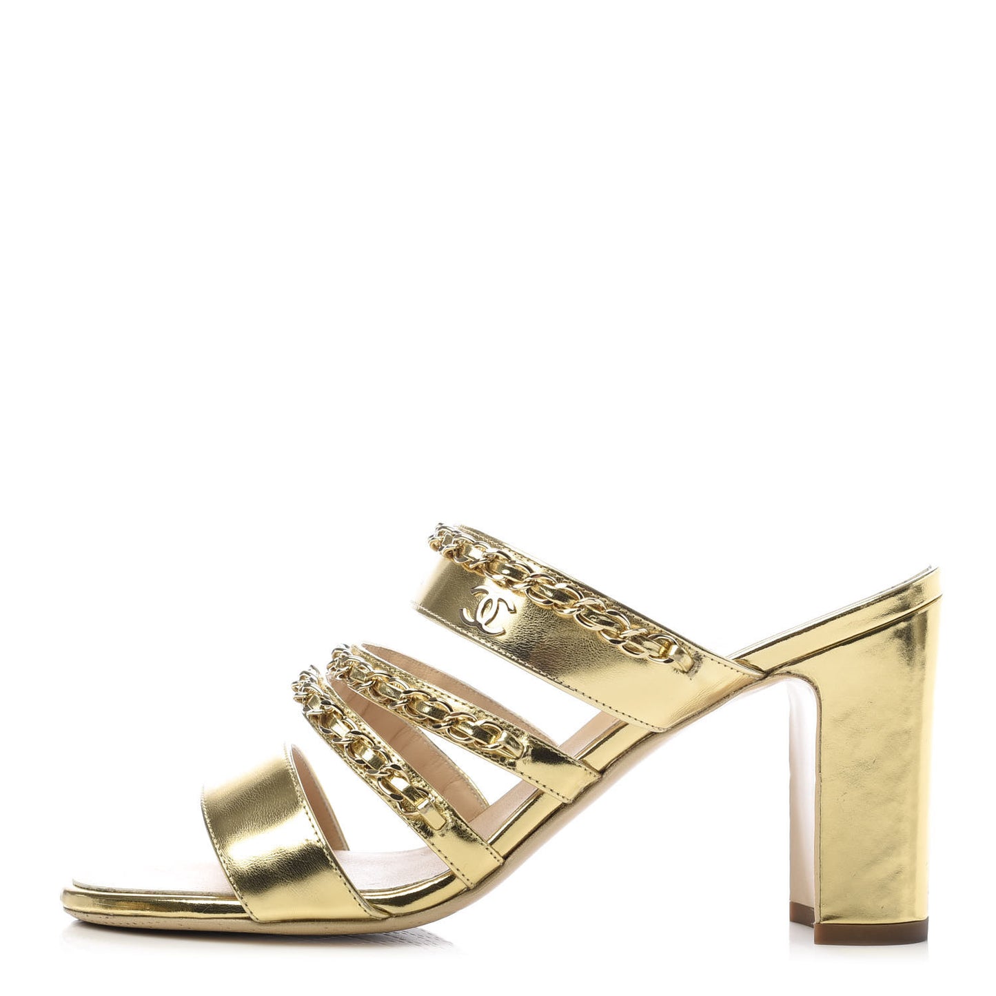Laminated Lambskin Chain CC Mule Sandals 37.5 Gold