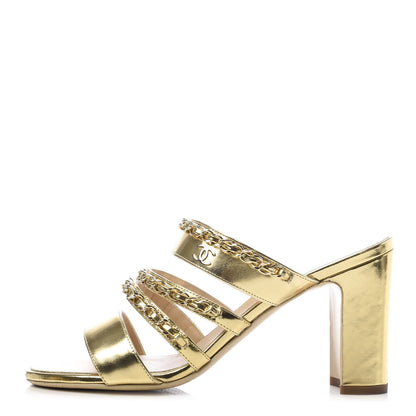 Chanel Laminated Lambskin Chain CC Mule Sandals 37.5 Gold 1 of 10